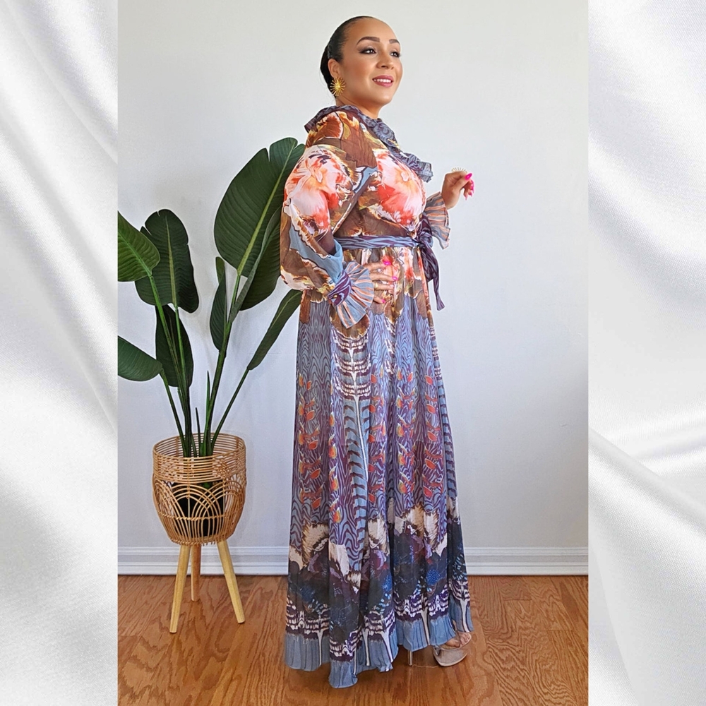 Long Sleeve V-neck Ruffle Multi Brown Print Maxi Dress - Picture 3 of 4
